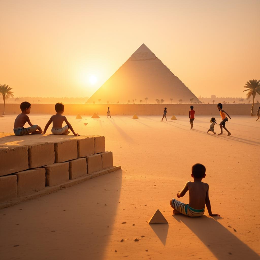 Children Playing at Sunrise by Pyramids