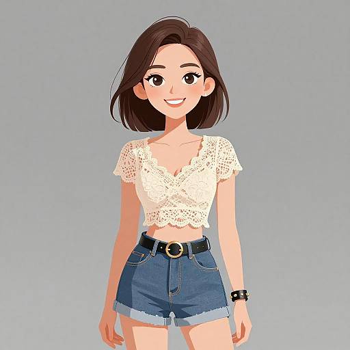 Digital anime-style drawing of a smiling young woman with short brown hair, wearing a white lace top and blue denim shorts.