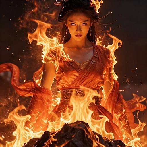 Photograph of an Asian woman with long black hair, wearing an ornate red kimono, standing amidst intense, vivid orange flames.