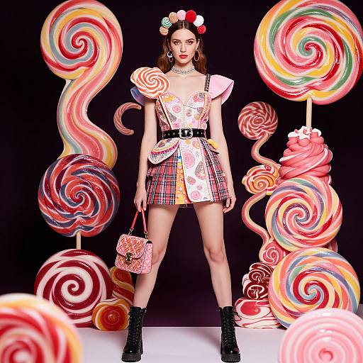 Photograph of a young woman in a floral plaid dress, black boots, and flower headpiece, standing amid giant, colorful swirl lollip