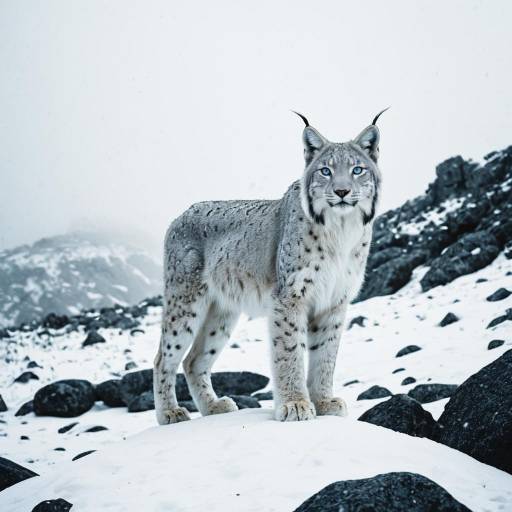 White Lynx in Snowy Rocky Plains