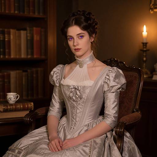 Photograph of a pale-skinned woman with dark hair, wearing an ornate silver Victorian dress, sitting in a dimly lit library with a candle