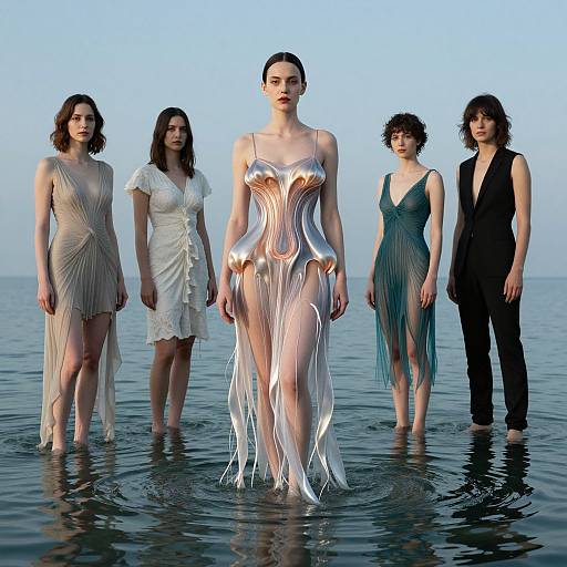 Photorealistic CGI of five women in ethereal, glowing dresses standing in shallow water at dawn, with a calm, blue sky background.