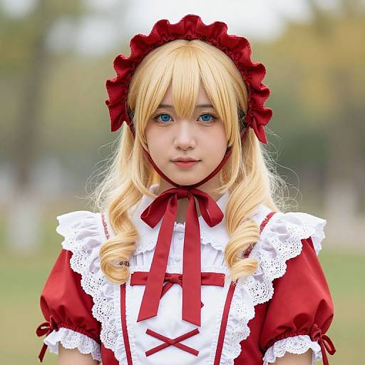 Blonde Girl in Red and White Dress