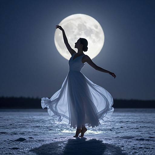 Silhouetted dancer in flowing white dress, arms raised, against a bright full moon in a dark, moonlit desert landscape.