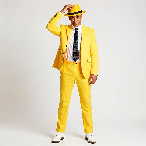 Man in Bright Yellow Suit Adjusting Hat