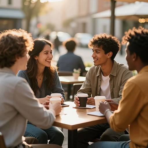 Photograph of four young, smiling friends, diverse backgrounds, sitting at a sunny outdoor café, holding coffee cups, laughing, wearing casual clothes.