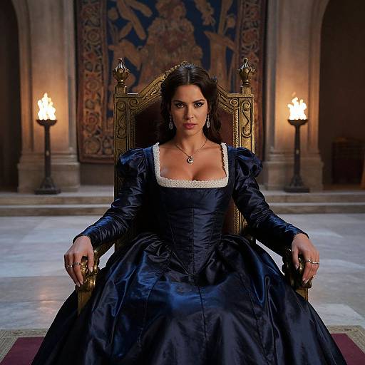 Photograph of a dark-haired woman in a black satin Renaissance-style gown with white lace trim, seated on an ornate throne in a dimly lit