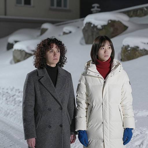 Nighttime Snowy Scene with Two Women