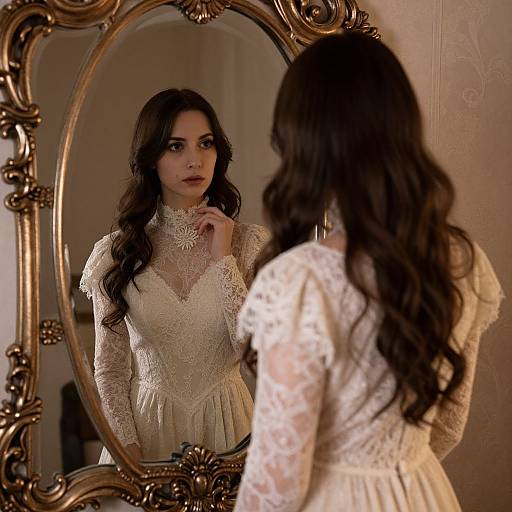 Photograph of a woman with long, wavy brown hair, wearing an intricate lace white dress, standing before an ornate gold mirror, gazing