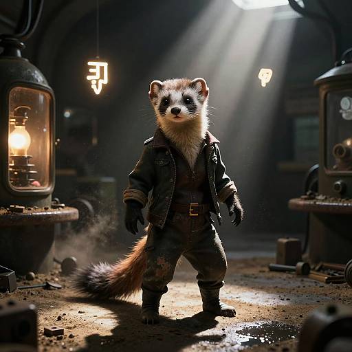 CGI image of an anthropomorphic raccoon in a dark, industrial workshop, wearing a worn denim jacket and pants, standing confidently under bright, beam