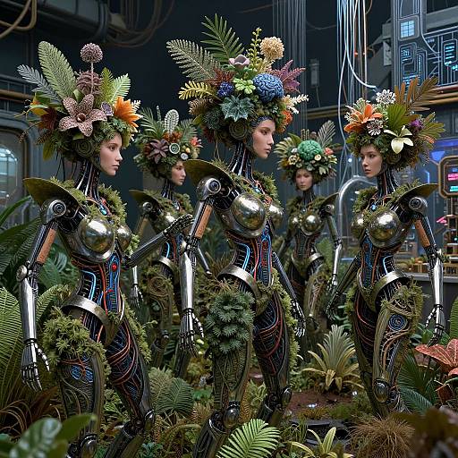 Photorealistic CGI: Four robotic women in shiny black bodysuits, adorned with vibrant flower crowns and metallic shoulders, standing amidst lush greenery