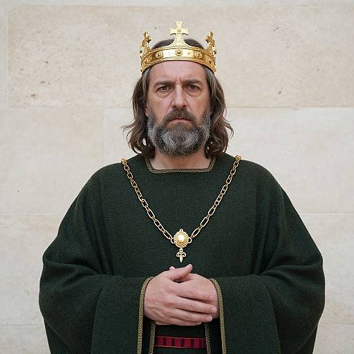 Photograph of a middle-aged man with long brown hair, gray beard, wearing a black robe, gold crown, and chain with pendant, standing against