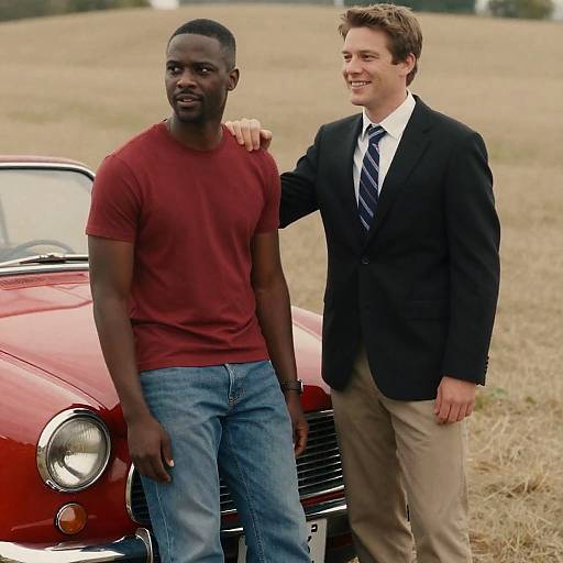 Two Men by a Red Convertible