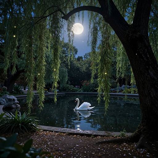 Photograph of a serene night scene: a white swan glides on a moonlit pond, surrounded by hanging willow branches and illuminated by the