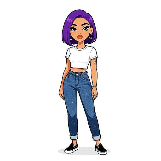 Digital illustration of a young woman with purple bob haircut, wearing a white crop top, blue jeans, black sneakers, and hoop earrings.
