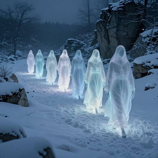 Photograph of seven glowing, translucent ghost-like figures walking through a snowy, rocky landscape at night, illuminated by their ethereal light.