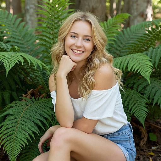Photograph of a smiling blonde woman with wavy hair, wearing a white off-shoulder top and denim shorts, sitting among lush green ferns