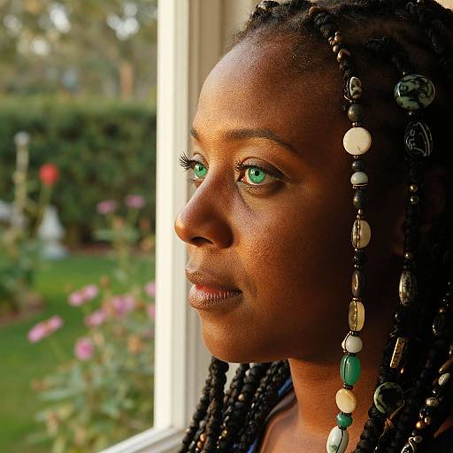 Photograph of a dark-skinned Black woman with green eyes, braided hair adorned with beads, gazing outdoors through a sunlit window.