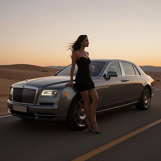 Elegant Woman Driving Luxury Car at Dusk