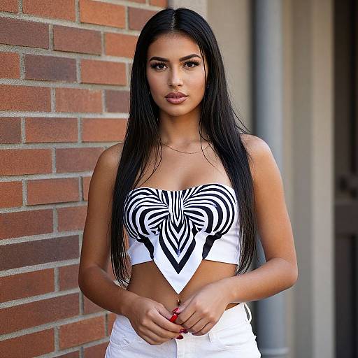 Photograph of a young woman with long black hair, tan skin, and dark eyes, wearing a white and black zebra-striped crop top and white
