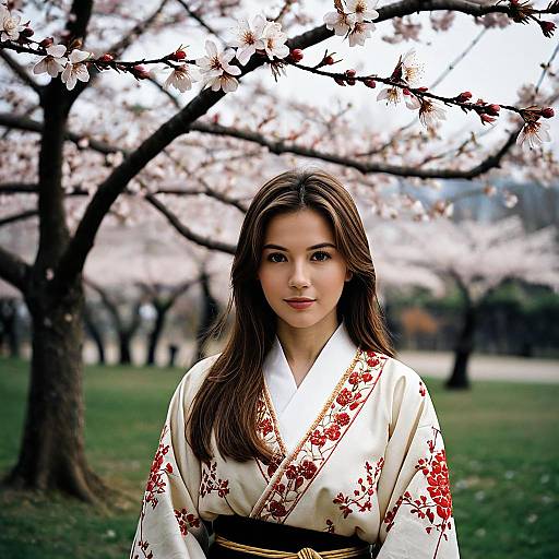 Woman in Traditional Outfit Among Cherry Blossoms