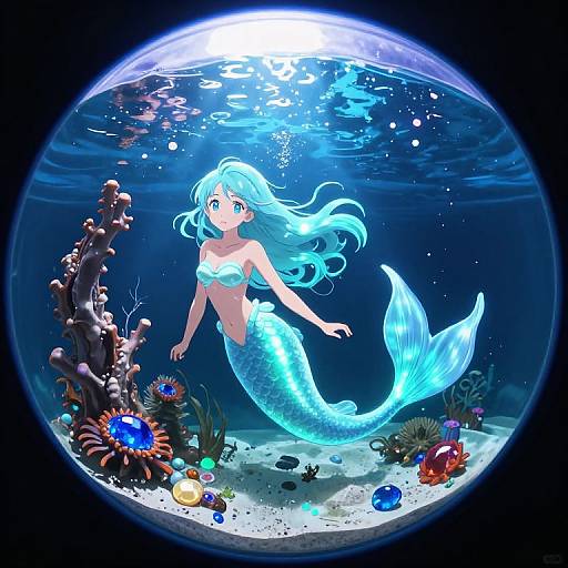 Digital anime-style illustration of a glowing blue mermaid with long hair, in a circular aquarium, surrounded by colorful coral and sea creatures, with sunlight filtering
