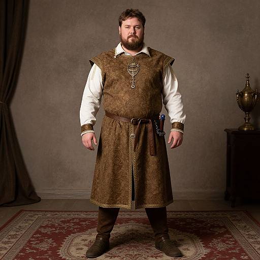Photograph of a bearded man in medieval-style brown vest over white shirt, standing on patterned rug, with dark curtains and ornate vase in