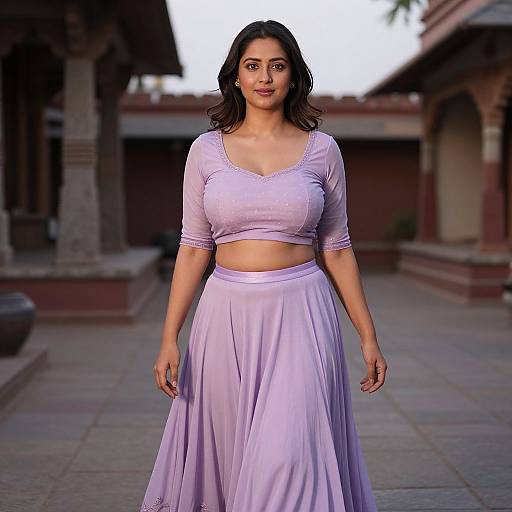 Photograph of a confident woman with medium-brown skin and black wavy hair, wearing a light purple crop top and high-waisted skirt,