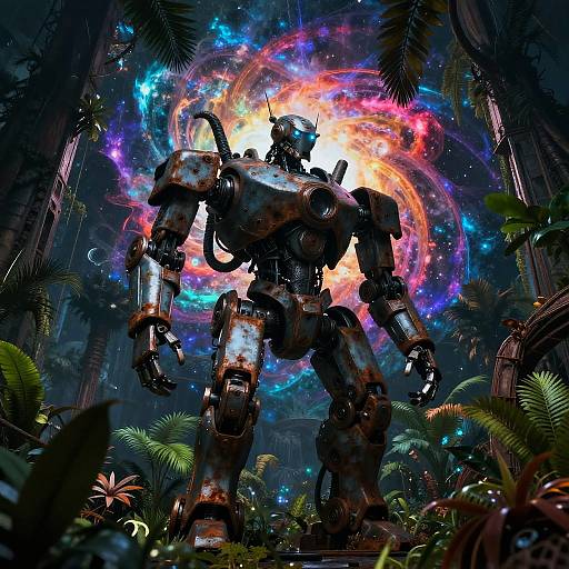Rusted Robot in Jungle Temple with Cosmic Galaxy