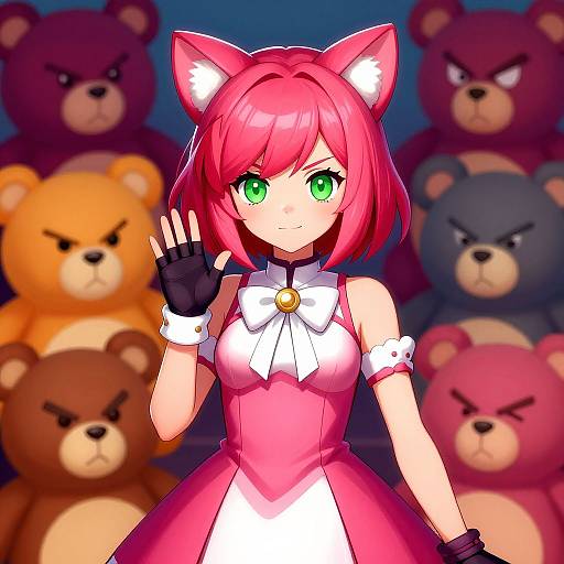 Digital anime-style artwork of a pink-haired girl with green eyes, cat ears, and a pink dress, surrounded by angry teddy bears.
