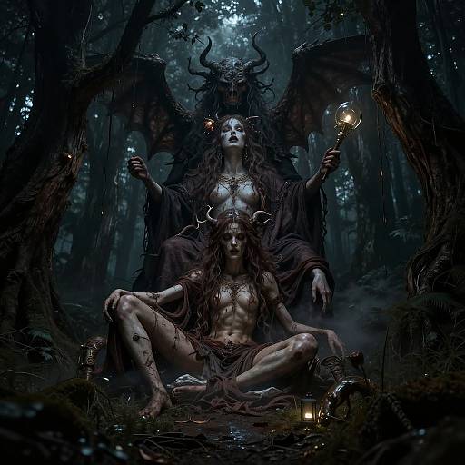 Digital fantasy artwork of two demonic women with dark wings, twisted horns, and glowing torches, seated in a dark, misty forest.