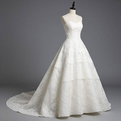 Photograph of a white, strapless, full-skirted wedding gown with intricate floral lace patterns, displayed on a black dress form against a gradient