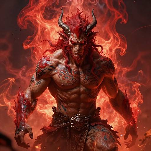 Digital art of a muscular, red-haired demon with horns, tattoos, and fire surrounding him, wearing a spiked leather loincloth.