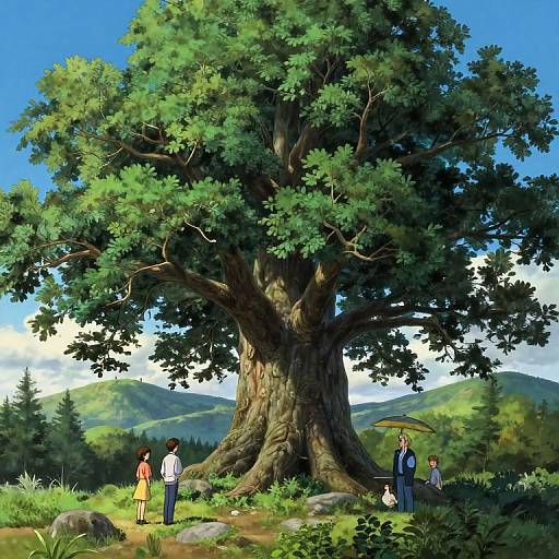 Digital painting of a large, lush green tree in a sunny meadow. Five people, three men and two women, stand and walk around it,