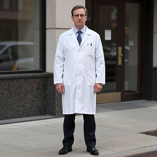 Photograph of a middle-aged man in a white lab coat, black pants, and tie standing on a city sidewalk in front of a glass building.
