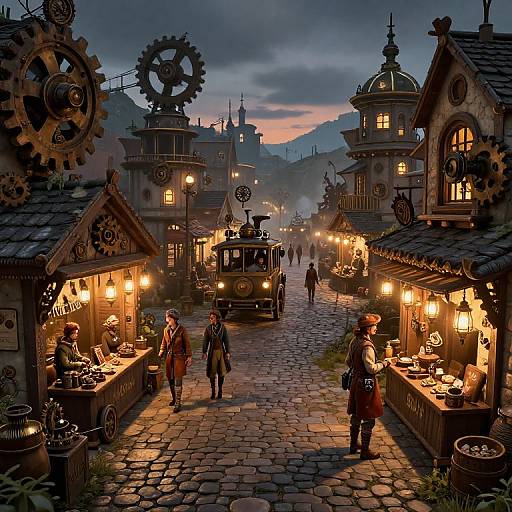 Steampunk Island Marketplace at Dusk