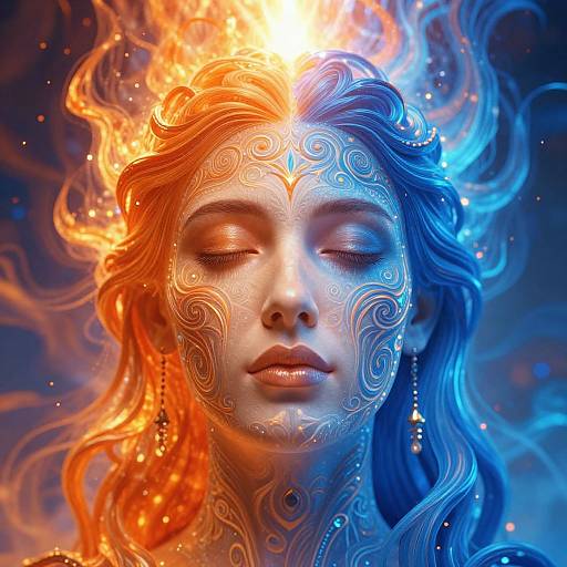 Photorealistic digital artwork of a serene woman with closed eyes, dual-toned fiery orange and celestial blue hair, intricate swirling patterns on her face,