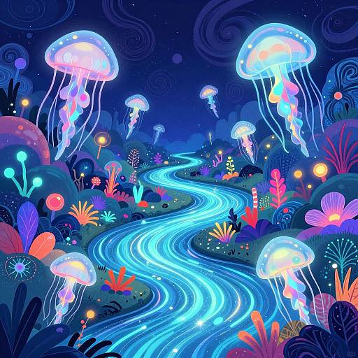 Vibrant digital illustration of a glowing underwater scene with neon jellyfish, colorful coral, and a luminous blue river winding through a starry,