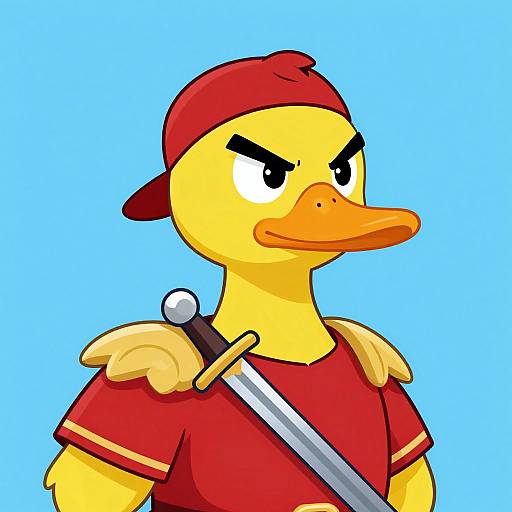 Cartoon duck with yellow feathers, red cap, and red shirt, wearing a sword across the shoulder, against a bright blue background.