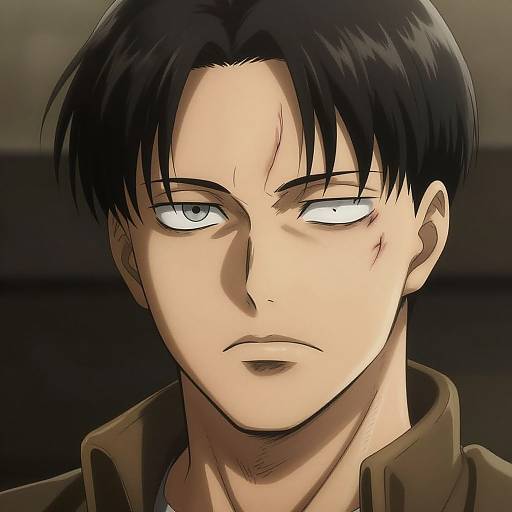 Anime-style digital drawing of a serious, black-haired man with gray eyes, a small scar on his right cheek, and a brown jacket. Background is