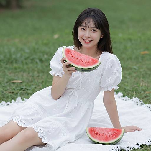 Asian woman with black hair, smiling, wearing a white lace dress, sitting on a white blanket, holding a watermelon slice.