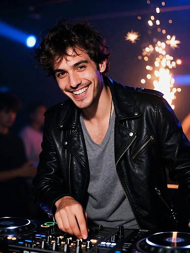 Laughing DJ in Blue-Orange Nightclub Close-Up