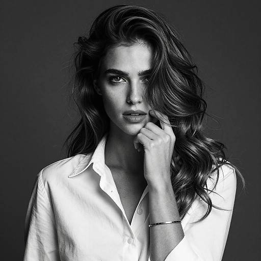 Black-and-white photograph of a pensive woman with long, wavy hair, wearing a white button-up shirt, against a dark background.