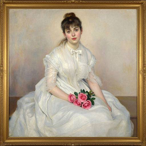 Oil painting of a fair-skinned woman in a white, Victorian-era dress with pink roses, seated against a beige background, framed in ornate gold