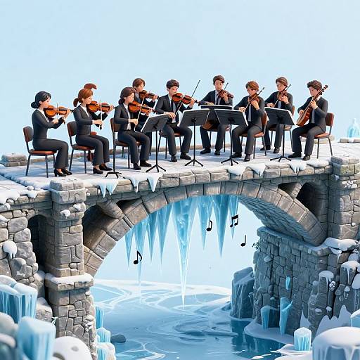 Digital illustration of a string quartet in black suits playing on a snowy, icy stone bridge with icicles hanging below.