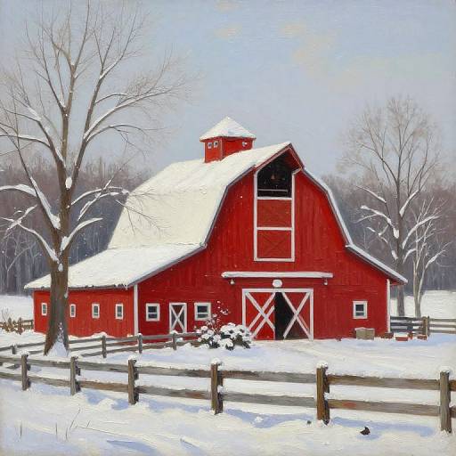 Photograph of a vibrant red barn with white trim, snow-covered roof, surrounded by a wooden fence, bare trees, and a winter landscape.