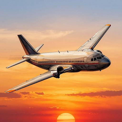 Photograph of a silver commercial airplane flying against a vibrant sunset sky, with the sun partially visible near the horizon.