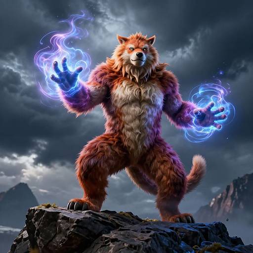 Digital art of a muscular, fiery red-furred werewolf standing on a rocky cliff, conjuring blue magical flames in both hands. Dark cloudy sky