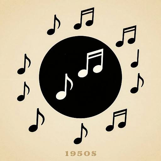 Black and white musical note illustration with central black circle, surrounded by various musical notes, on a beige background, labeled 